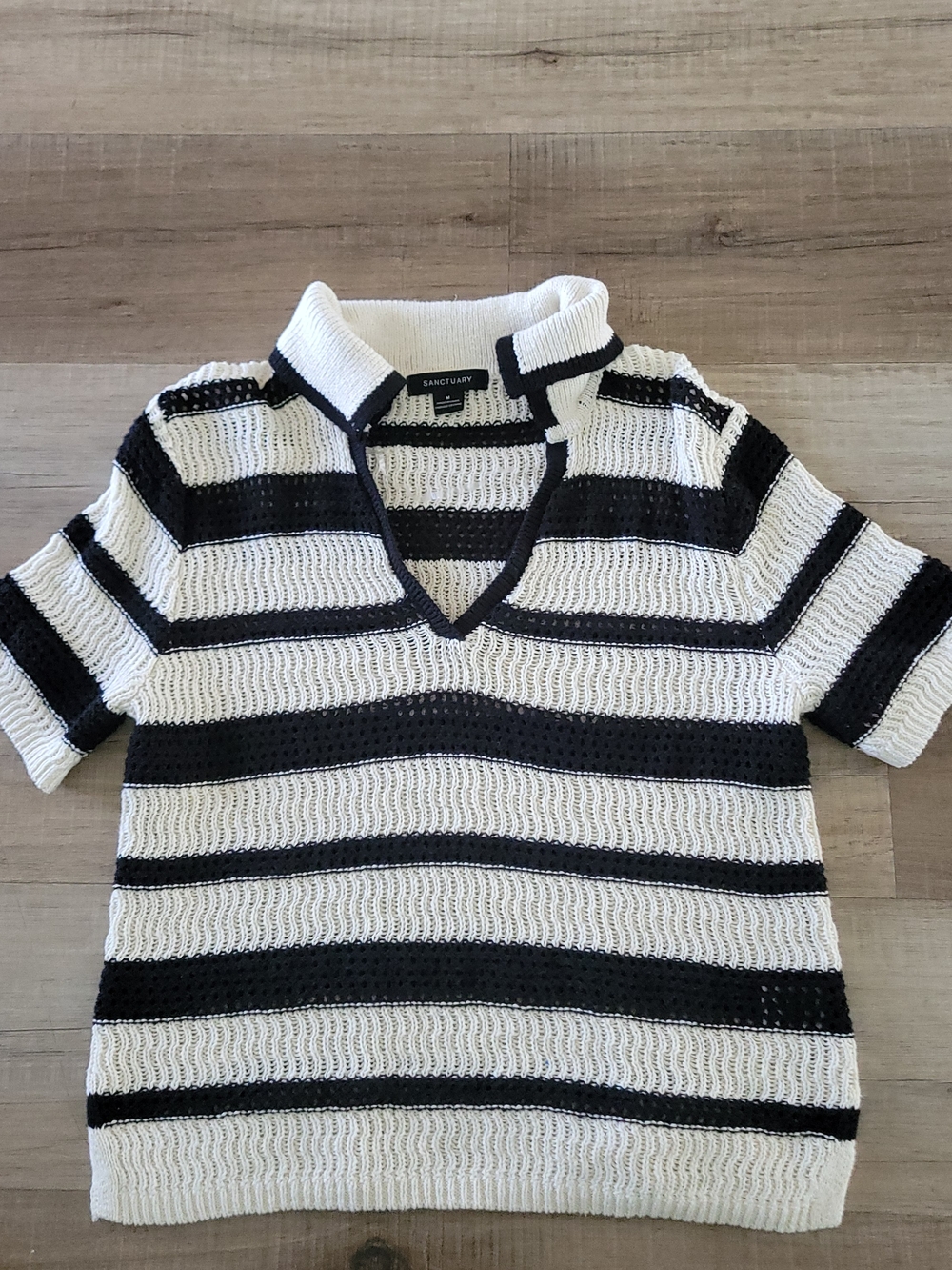 Sanctuary Black & White Striped Knit Polo Sweater